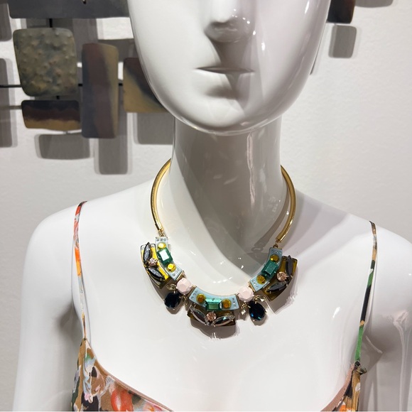 J.Crew Lucite and Crystal Collar Necklace Green Yellow Multi-Color Light Gold Ox - Picture 4 of 15